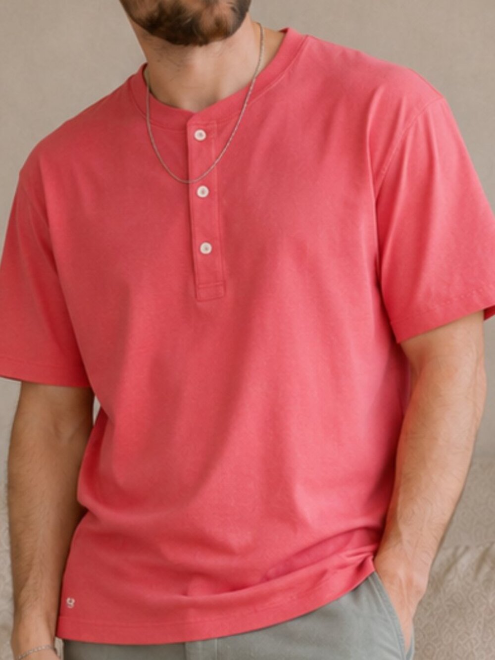 Brooks Brothers 1818 Coral Pink 100% Cotton Henley T-Shirt Short Sleeve Casual L